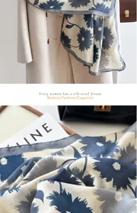 Blue floral cotton linen silk scarf for women, lightweight spring autumn shawl versatile design.