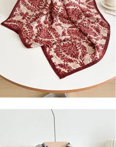Retro ethnic printed small square scarf, elegant floral pattern neckerchief for women.