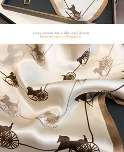Luxury silk scarf with classic carriage print, elegant mulberry silk square for women.
