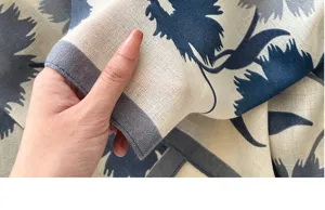 Blue floral cotton linen scarf shawl fabric detail close up lightweight elegant accessory