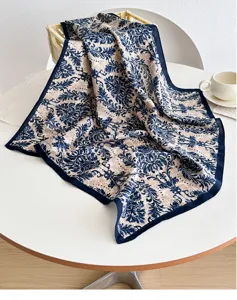 Elegant and beige floral print square scarf, retro style cotton linen neck scarf for women.
