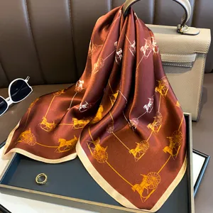 Mulberry Silk Square Scarf Vintage Carriage Print Luxury Fashion Women Neck Scarf Hijab Head Scarf For Daily Wear