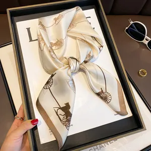 Elegant retro carriage pattern silk square scarf for women, luxury mulberry silk neckerchief.