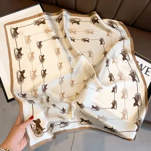 Retro carriage print silk square scarf, 70cm luxury mulberry silk neckerchief for women.