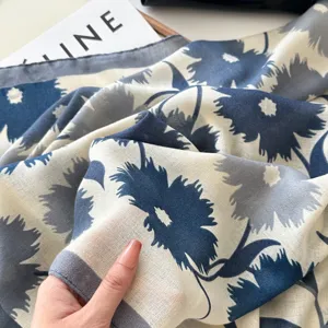 Blue floral cotton linen scarf for women, lightweight spring shawl and vintage beach wrap.