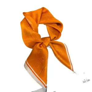 Elegant orange silk square scarf with classic carriage print, luxury fashion accessory.
