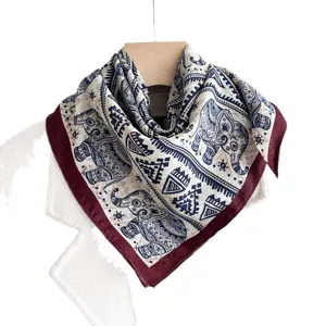 Ethnic style beige elephant print small square scarf women autumn winter neck scarf hair band ribbon.