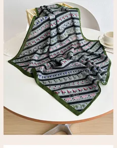 Green cotton linen small square scarf with vintage horse stripe print for women neck and hair.