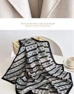 Women green cotton linen scarf retro horse stripe small square neck wrap headband 70cm