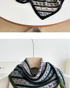 Green cotton linen square scarf with classic horse stripe print elegant neck accessory.