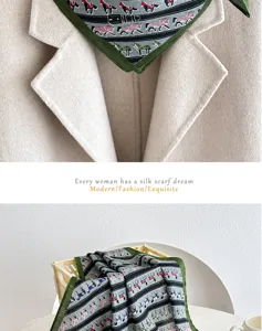 Green silk scarf small square neckerchief retro horse pattern fashion accessory for women elegant