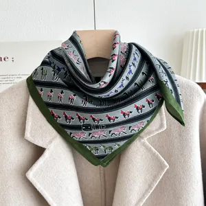 Green cotton linen square scarf with horse print, elegant vintage neckerchief for women.
