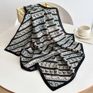 Green cotton linen square scarf with chic horse belt print, perfect for women's neck and hair.