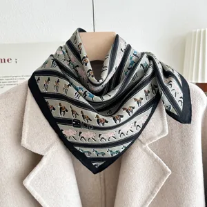 Green horse print silk square scarf women fashion elegant neckerchief chic hair band 70cm