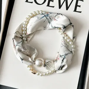 White plum blossom pearl silk scarf with magnetic clasp, elegant spring neck accessory for women.