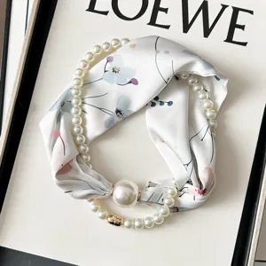 Pearl silk scarf necklace for women, elegant floral chiffon neckerchief with magnetic clasp.