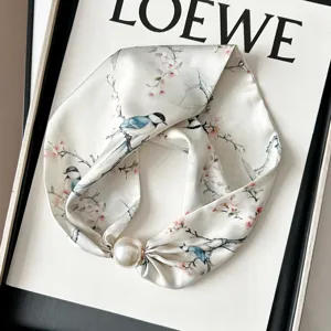 White floral silk scarf with pearl magnetic clasp elegant bird print long neckerchief for women