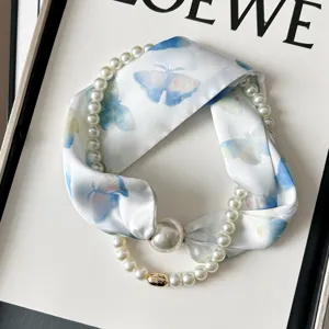 Pearl Necklace Silk Scarf Butterfly Print Elegant Women Neckerchief With Magnetic Clasp
