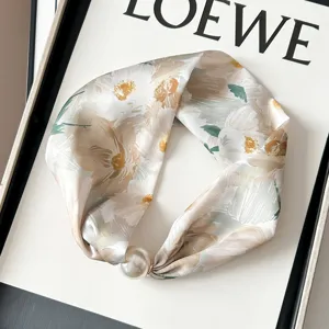 Floral silk scarf with pearl magnetic clasp, elegant spring neckerchief for women daily wear