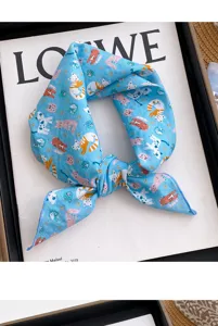 Cute cat print blue square scarf for kids and adults, versatile lightweight spring neck accessory.