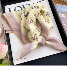 Elegant silk square scarf with vintage horse print, versatile spring autumn neck accessory.
