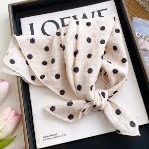 Beige polka dot cotton linen square scarf, versatile stylish neckerchief for women.