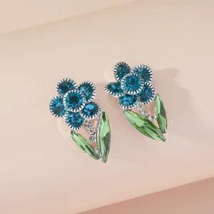 Blaue und gruene Kristall Blumen Ohrringe, elegante glitzernde Ohrstecker Hauptansicht.