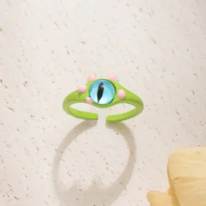 Anello aperto mostriciattolo verde carino con pietra occhio di gatto blu stile dopamina.