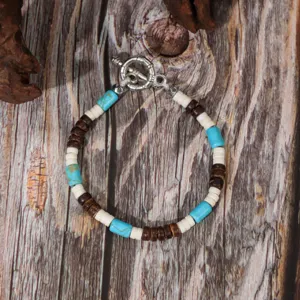 Vintage bohemian turquoise and wood bead bracelet with toggle clasp for daily retro jewelry.