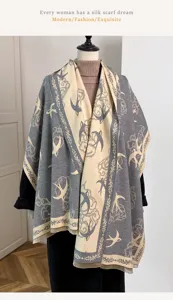 Autumn winter women imitation cashmere scarf vintage swallow print warm tassel shawl wrap