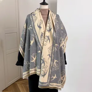 Autumn winter thick imitation cashmere scarf women elegant swallow pattern tassel shawl warm wrap.
