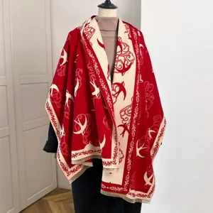 Women winter thick warm tassel shawl elegant swallow pattern double sided cozy red cape