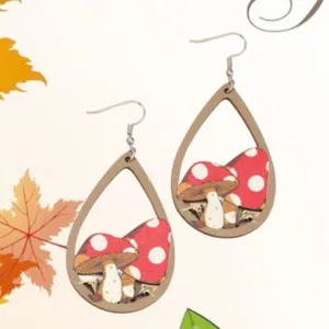 Boucles d'oreilles pendantes en bois d'automne avec motif de champignons, bijoux