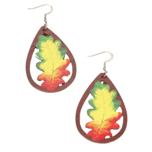 Boucles d'oreilles goutte en bois avec imprimé de feuilles d'automne colorées, bijoux pour femmes.