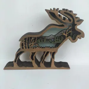 Wooden moose layered carving desktop ornament handmade forest landscape home decor 1pc