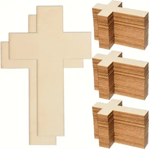Natural wood craft cross cutouts, blank wooden pieces for DIY painting and handmade art projects.