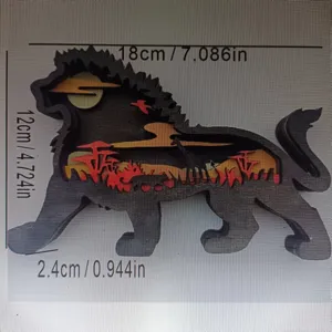 3D Holz Löwe Ornament mehrschichtig geschnitzt Tier Tischdekor Savanne Sonnenuntergang