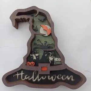 Halloween chapeau de sorciere en bois ornement multicouche fete decor interieur rustique
