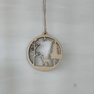 Detailed close-up of a rustic wooden Christmas hanging ornament with deer and forest hollow design.