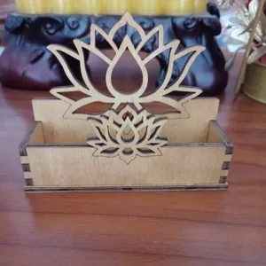 Wooden lotus business card holder, desktop organizer detail view for office decor.
