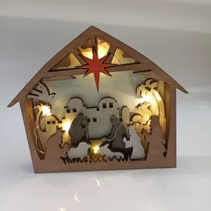 Scène de Nativité de Noël en bois LED Lumière 3D Cabane Creuse Décoration de Bureau Fête
