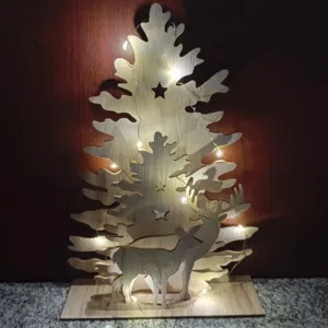 Ornement de Bureau Arbre de Noël Cerf en Bois Lumineux LED Décoration de Table Creuse Fête de Noël Cadeau
