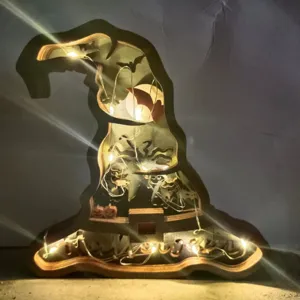 Décoration chapeau de sorcière en bois Halloween avec LED guirlande pour fête à la maison