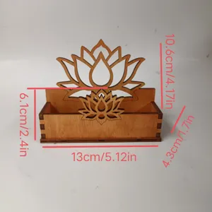 Wooden lotus card holder desktop organizer detail view showing precise dimensions and carving.