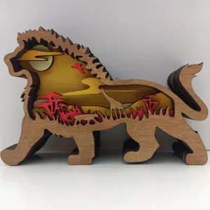 3D Holz Löwe Tier Desktop Ornament geschichtete geschnitzte Heimdekor Skulptur Stück
