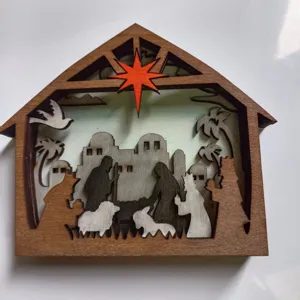 Scène de Nativité en Bois 3D Décoration de Noël Crèche de Jésus Déco de Table