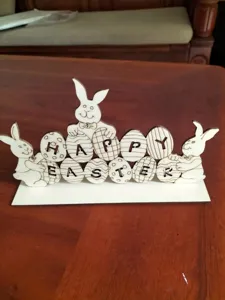 Wooden Easter bunny and egg table decoration sign, DIY festival party home ornament display.