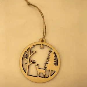 Wooden Christmas hanging ornament detail, laser cut hollow deer design with natural hemp rope.