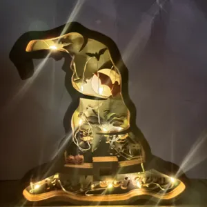 Halloween en bois chapeau de sorcière LED lumière ornement effrayant fête décoration