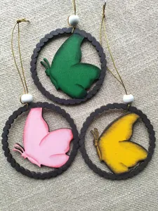 Wooden butterfly hanging ornaments set of 3 painted crafts Easter home decor spring hanging.